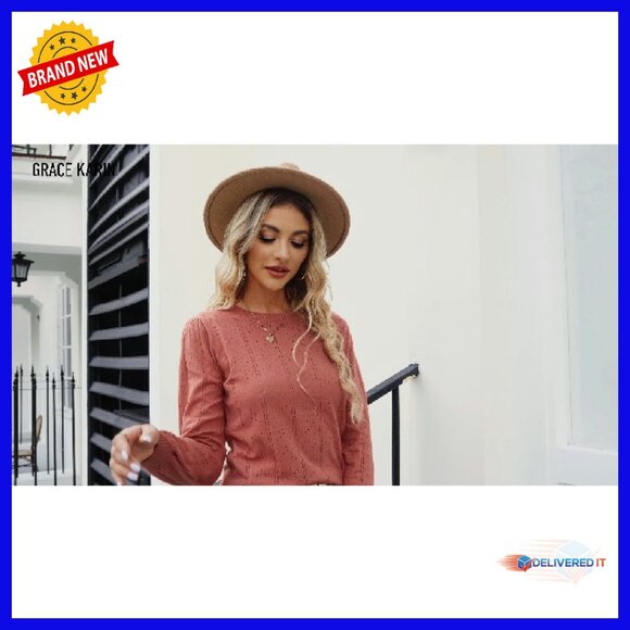 Long Lantern Sleeve Crochet Pullover Sweater Hollow Out Knit Top - Picture 8 of 8